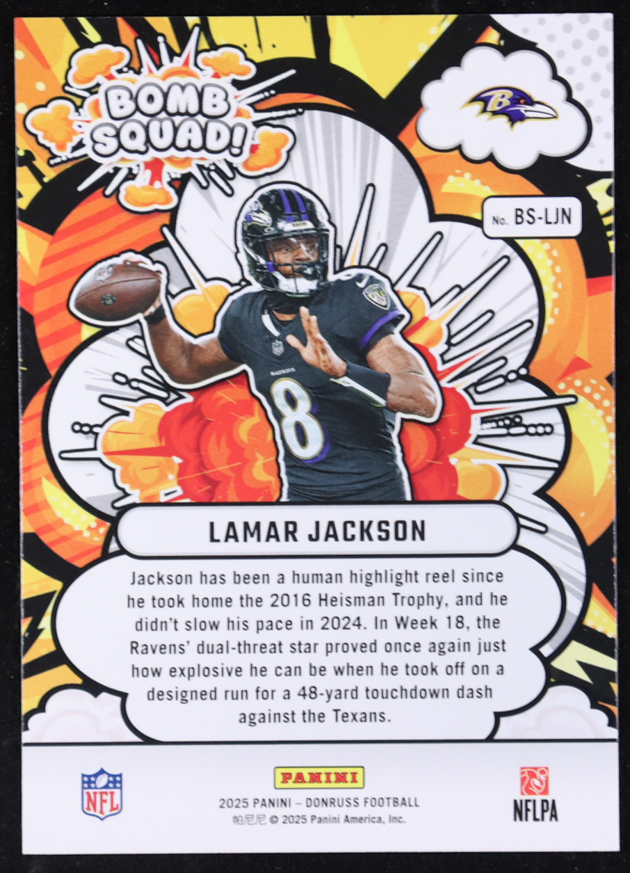 Lamar Jackson 2025 Donruss Bomb Squad #28 at PristineAuction.com Lamar Jackson 2025 Donruss Bomb Squad #28 at PristineAuction.com