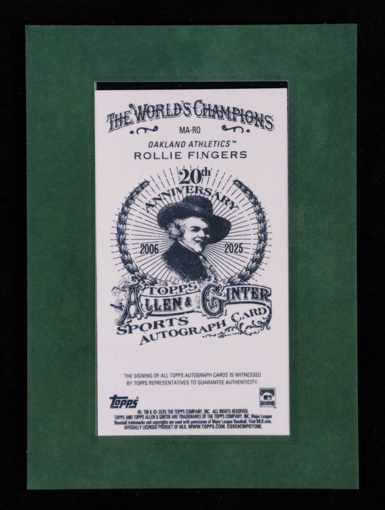 Rollie Fingers 2025 Topps Allen and Ginter Framed Mini Autographs Green Frame #MARO #45/50 at PristineAuction.com Rollie Fingers 2025 Topps Allen and Ginter Framed Mini Autographs Green Frame #MARO #45/50 at PristineAuction.com