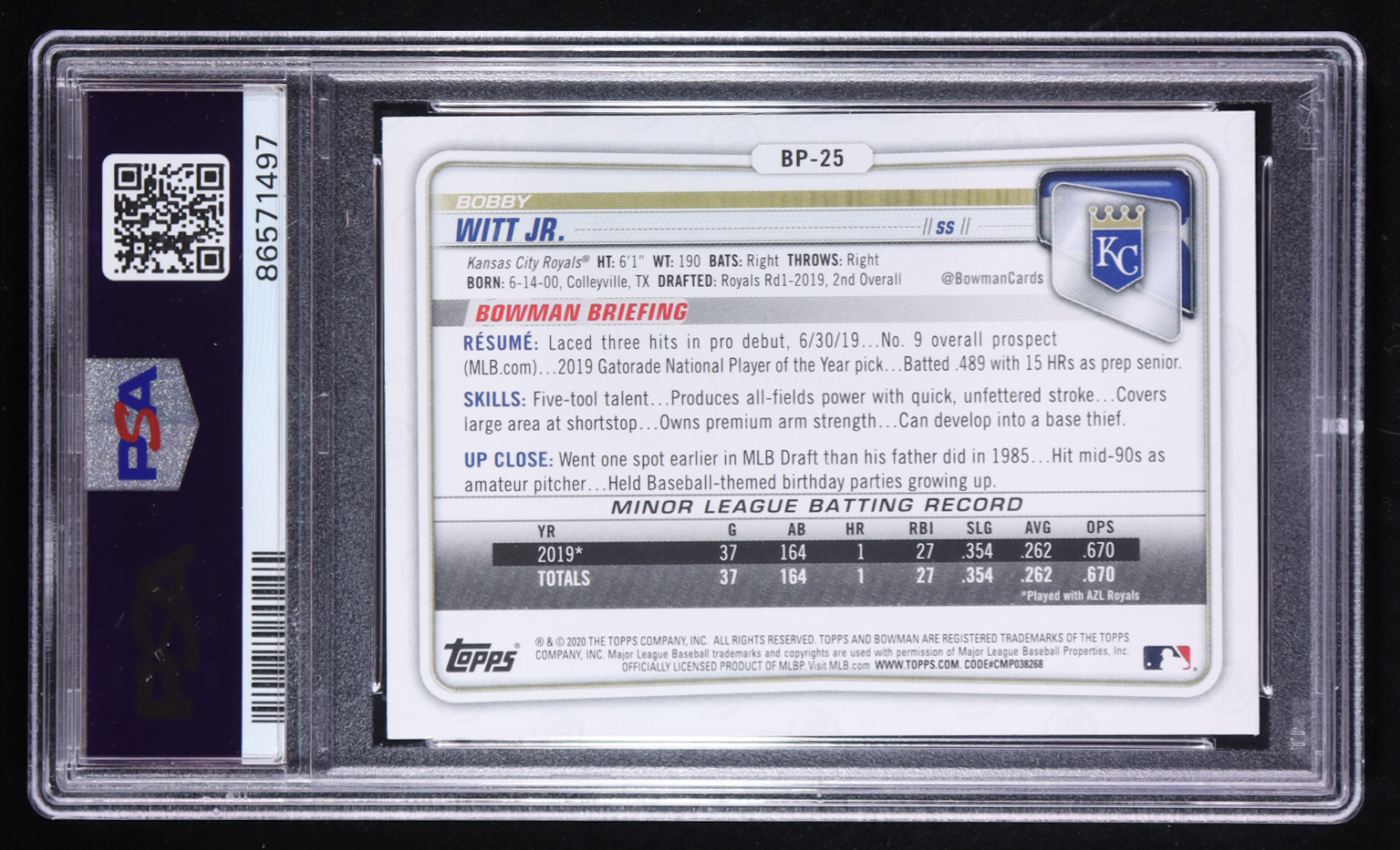 Bobby Witt Jr. 2020 Bowman Paper Prospects #BP-25 RC (PSA 10) at PristineAuction.com Bobby Witt Jr. 2020 Bowman Paper Prospects #BP-25 RC (PSA 10) at PristineAuction.com