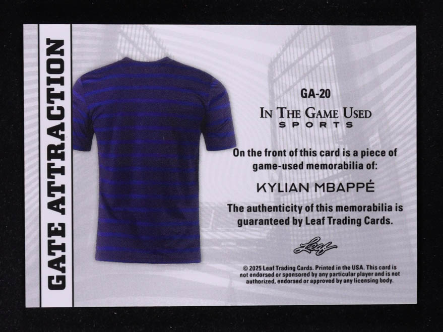 Kylian Mbappe 2025 Leaf ITG Used Sports Gate Attraction Dual Relic Blue Foil #GA20 #23/55 at PristineAuction.com Kylian Mbappe 2025 Leaf ITG Used Sports Gate Attraction Dual Relic Blue Foil #GA20 #23/55 at PristineAuction.com