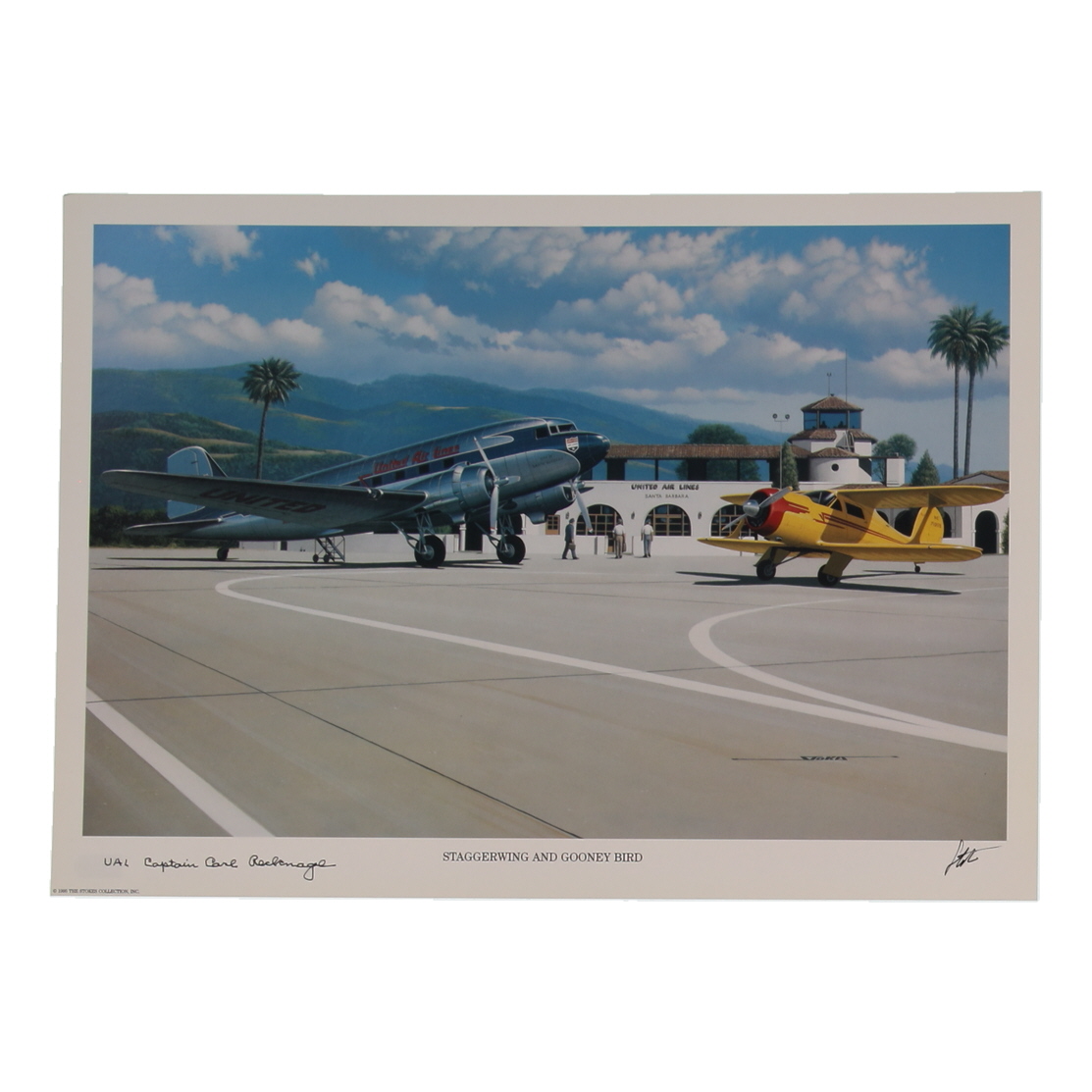 Carl E. Recknagel Signed Stan Stokes "Staggerwing And Gooney Bird" Lithograph Inscribed "UAL Captain" (AIV) at PristineAuction.com Carl E. Recknagel Signed Stan Stokes "Staggerwing And Gooney Bird" Lithograph Inscribed "UAL Captain" (AIV) at PristineAuction.com