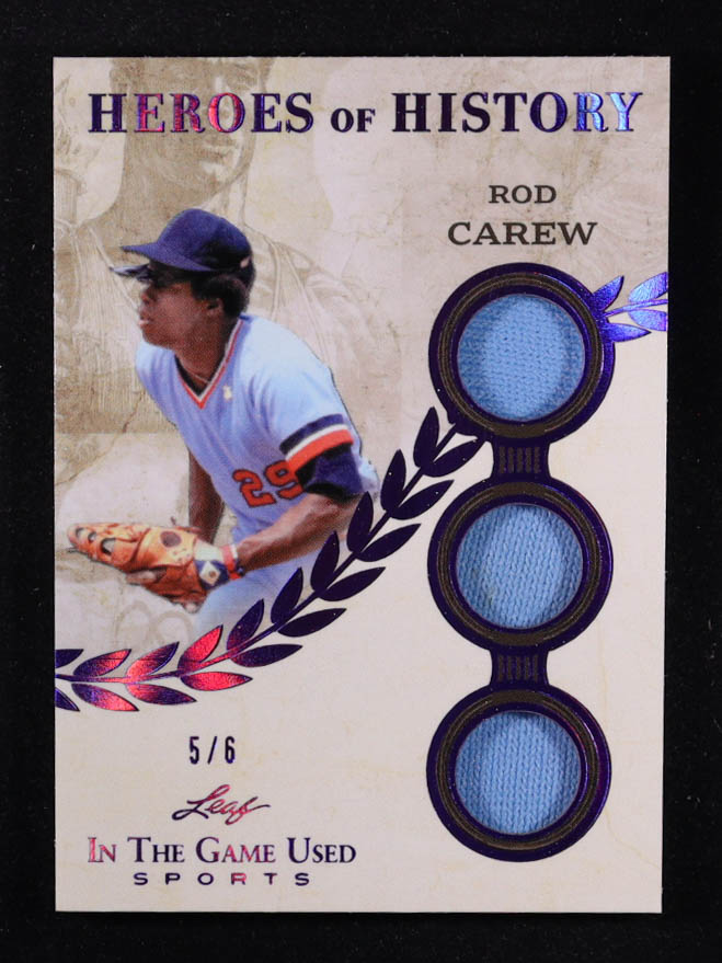 Rod Carew 2025 Leaf ITG Used Sports Heroes Of History Triple Relic Purple Foil #HH71 #5/6 at PristineAuction.com Rod Carew 2025 Leaf ITG Used Sports Heroes Of History Triple Relic Purple Foil #HH71 #5/6 at PristineAuction.com