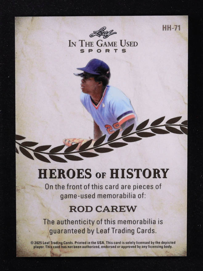 Rod Carew 2025 Leaf ITG Used Sports Heroes Of History Triple Relic Turquoise Foil #HH71 #4/7 at PristineAuction.com Rod Carew 2025 Leaf ITG Used Sports Heroes Of History Triple Relic Turquoise Foil #HH71 #4/7 at PristineAuction.com