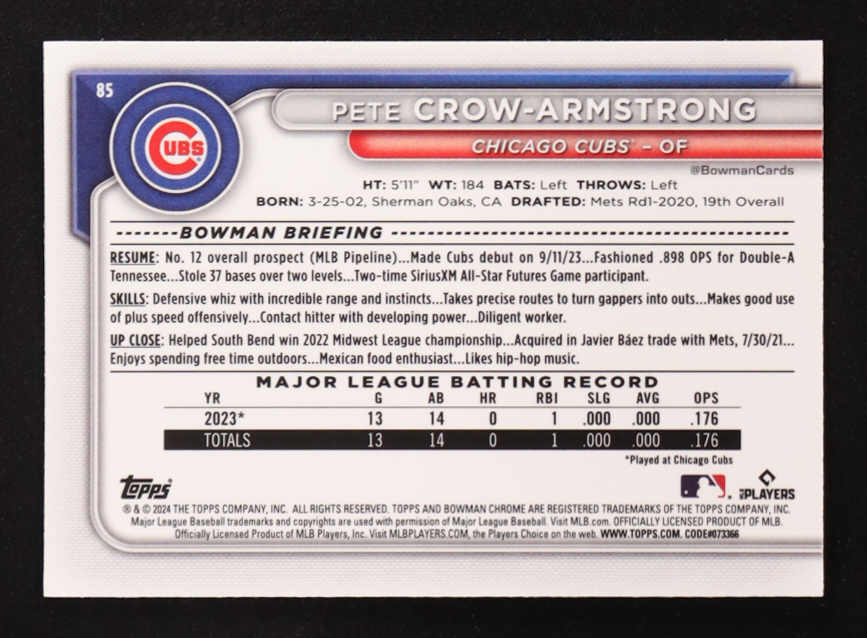 Pete Crow-Armstrong 2024 Bowman Chrome Bowman Mega Box Pink Refractors #85 #045/299 RC at PristineAuction.com Pete Crow-Armstrong 2024 Bowman Chrome Bowman Mega Box Pink Refractors #85 #045/299 RC at PristineAuction.com
