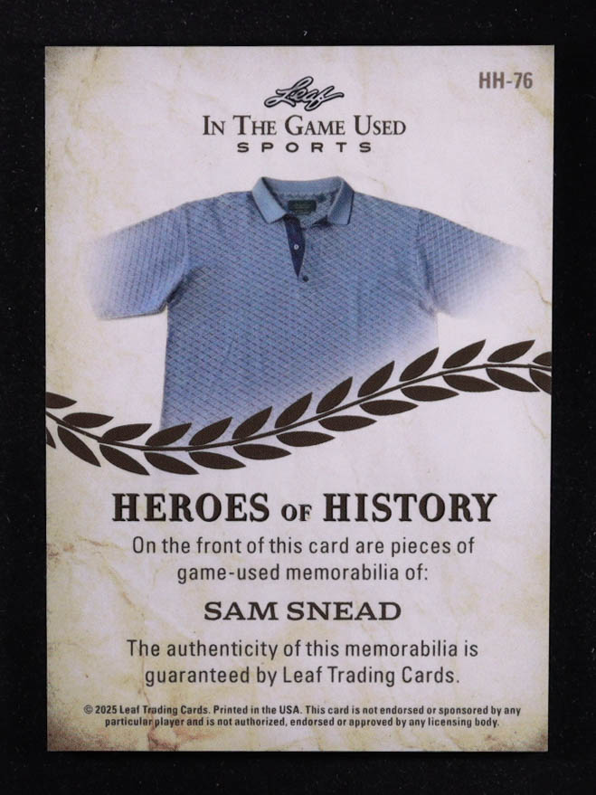 Sam Snead 2025 Leaf ITG Used Sports Heroes Of History Triple Relic Silver Foil #HH76 #1/2 at PristineAuction.com Sam Snead 2025 Leaf ITG Used Sports Heroes Of History Triple Relic Silver Foil #HH76 #1/2 at PristineAuction.com