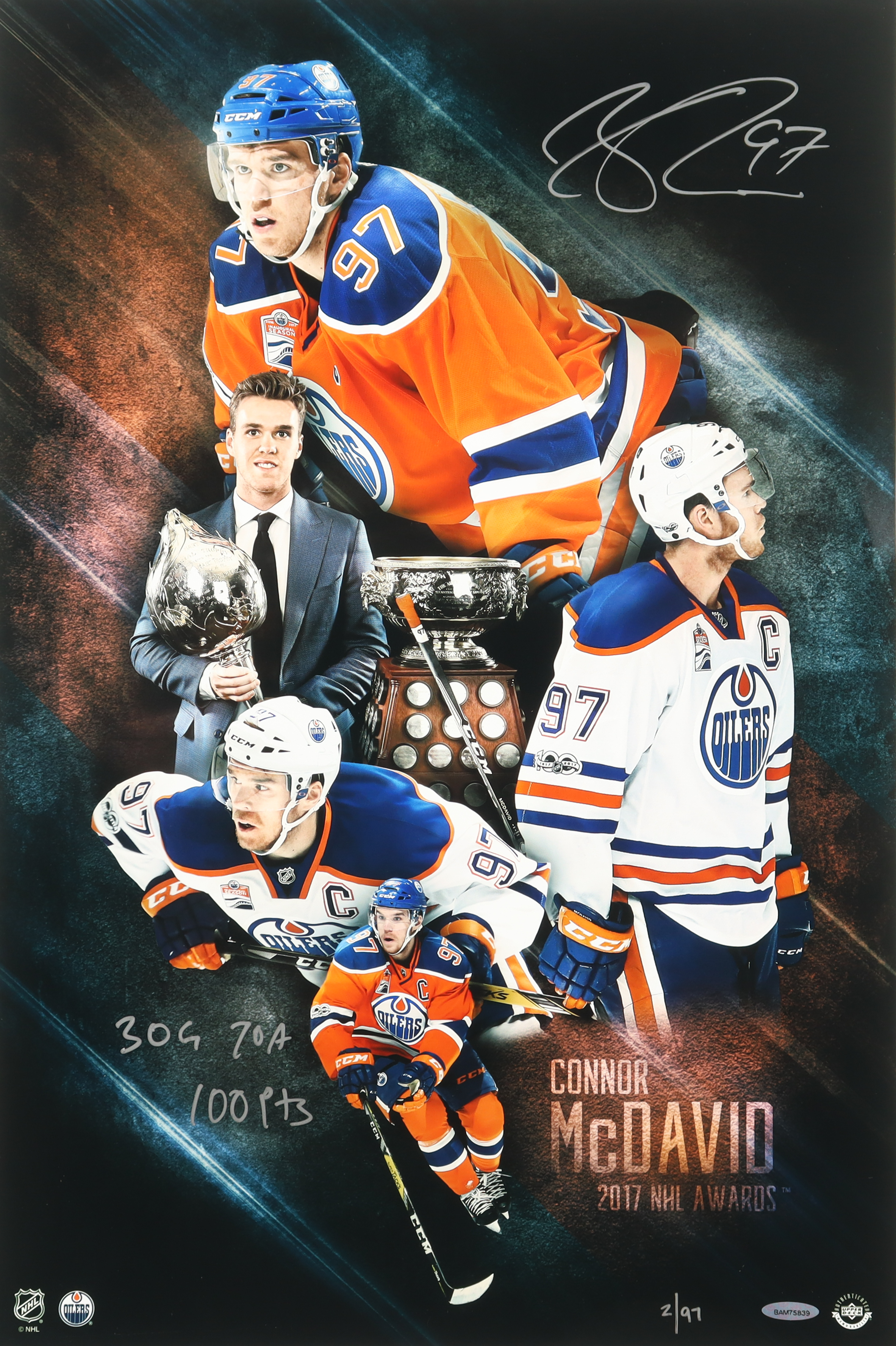 Connor McDavid Signed Oilers LE 16x24 Photo Inscribed "30 G, 70 A, 100 Pts" (UDA) at PristineAuction.com Connor McDavid Signed Oilers LE 16x24 Photo Inscribed "30 G, 70 A, 100 Pts" (UDA) at PristineAuction.com
