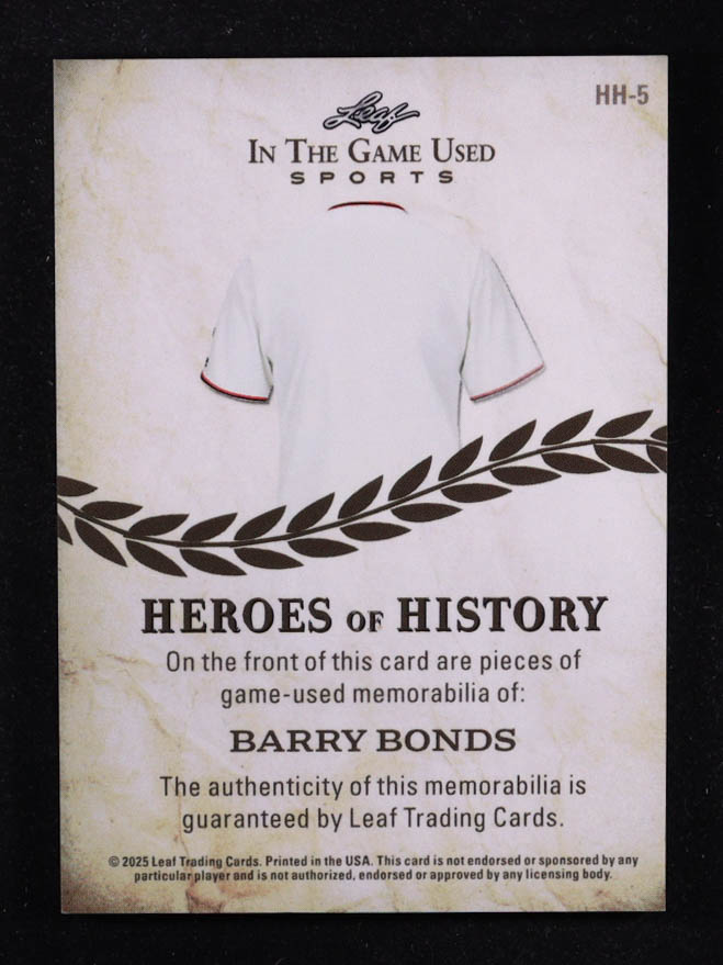 Barry Bonds 2025 Leaf ITG Used Sports Heroes Of History Triple Relic Rainbow Foil #HH5 #4/5 at PristineAuction.com Barry Bonds 2025 Leaf ITG Used Sports Heroes Of History Triple Relic Rainbow Foil #HH5 #4/5 at PristineAuction.com