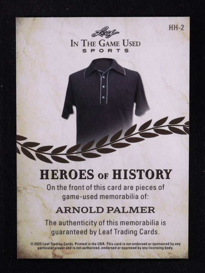 Arnold Palmer 2025 Leaf ITG Used Sports Heroes Of History Triple Relic Silver Sparkle Foil #HH2 #4/8 at PristineAuction.com Arnold Palmer 2025 Leaf ITG Used Sports Heroes Of History Triple Relic Silver Sparkle Foil #HH2 #4/8 at PristineAuction.com