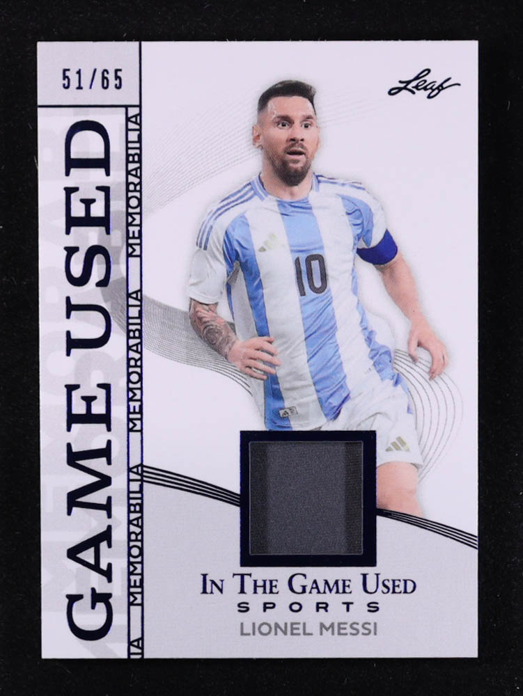 Lionel Messi 2025 Leaf ITG Used Sports Game Used Memorabilia Blue #GM27 #51/65 at PristineAuction.com Lionel Messi 2025 Leaf ITG Used Sports Game Used Memorabilia Blue #GM27 #51/65 at PristineAuction.com