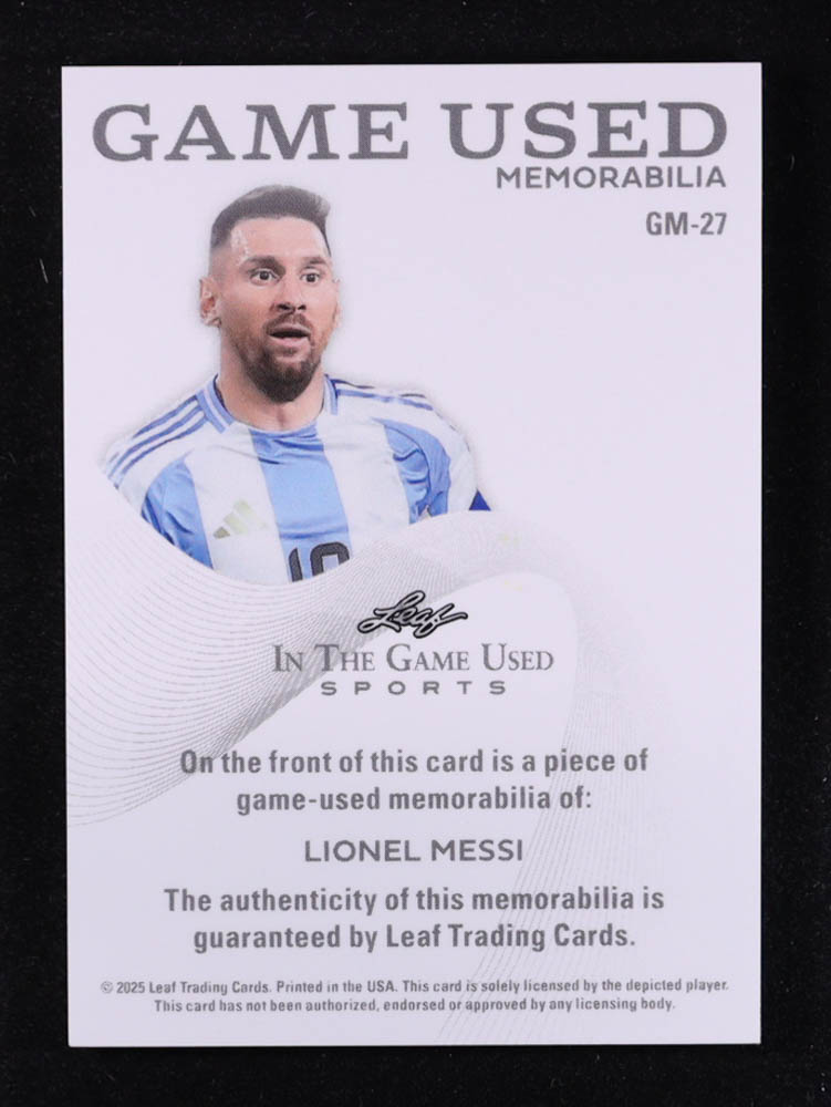 Lionel Messi 2025 Leaf ITG Used Sports Game Used Memorabilia Blue #GM27 #51/65 at PristineAuction.com Lionel Messi 2025 Leaf ITG Used Sports Game Used Memorabilia Blue #GM27 #51/65 at PristineAuction.com