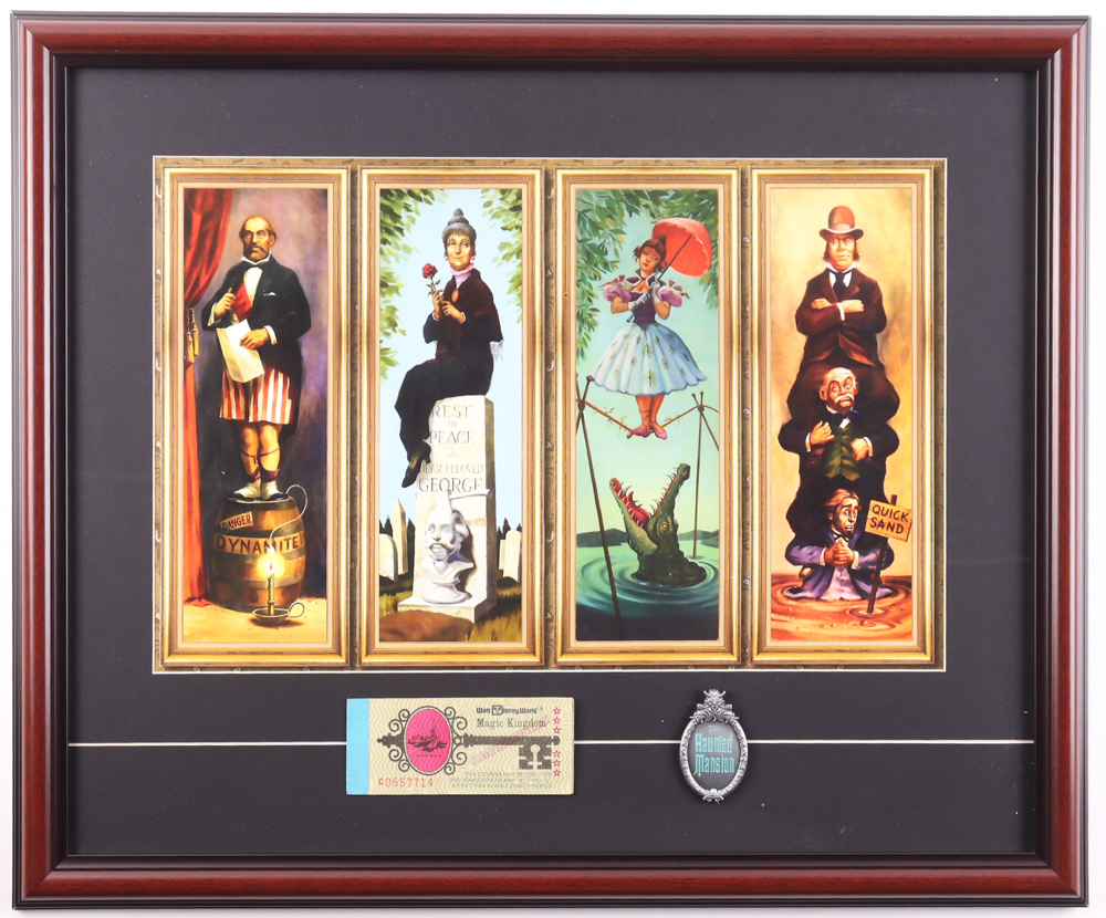 Disney Word "Haunted Mansion" Stretch Room Custom Framed Print Display With Ticket Book & Pewter Ride Emblem at PristineAuction.com Disney Word "Haunted Mansion" Stretch Room Custom Framed Print Display With Ticket Book & Pewter Ride Emblem at PristineAuction.com
