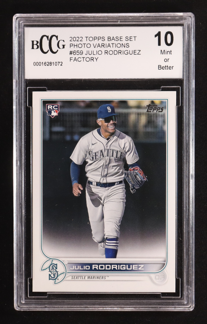 Julio Rodriguez 2022 Topps Base Set Photo Variations Factory #659 RC (BCCG 10) at PristineAuction.com Julio Rodriguez 2022 Topps Base Set Photo Variations Factory #659 RC (BCCG 10) at PristineAuction.com