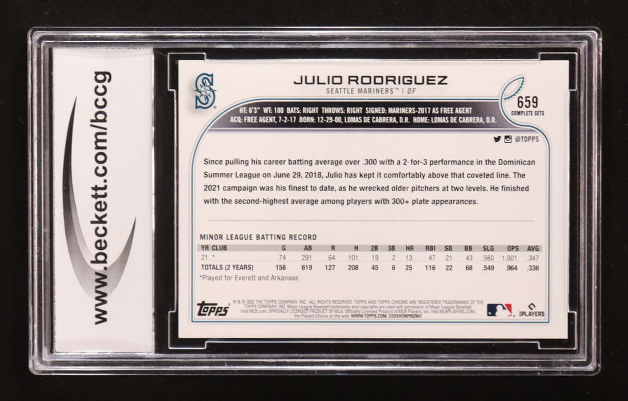 Julio Rodriguez 2022 Topps Base Set Photo Variations Factory #659 RC (BCCG 10) at PristineAuction.com Julio Rodriguez 2022 Topps Base Set Photo Variations Factory #659 RC (BCCG 10) at PristineAuction.com