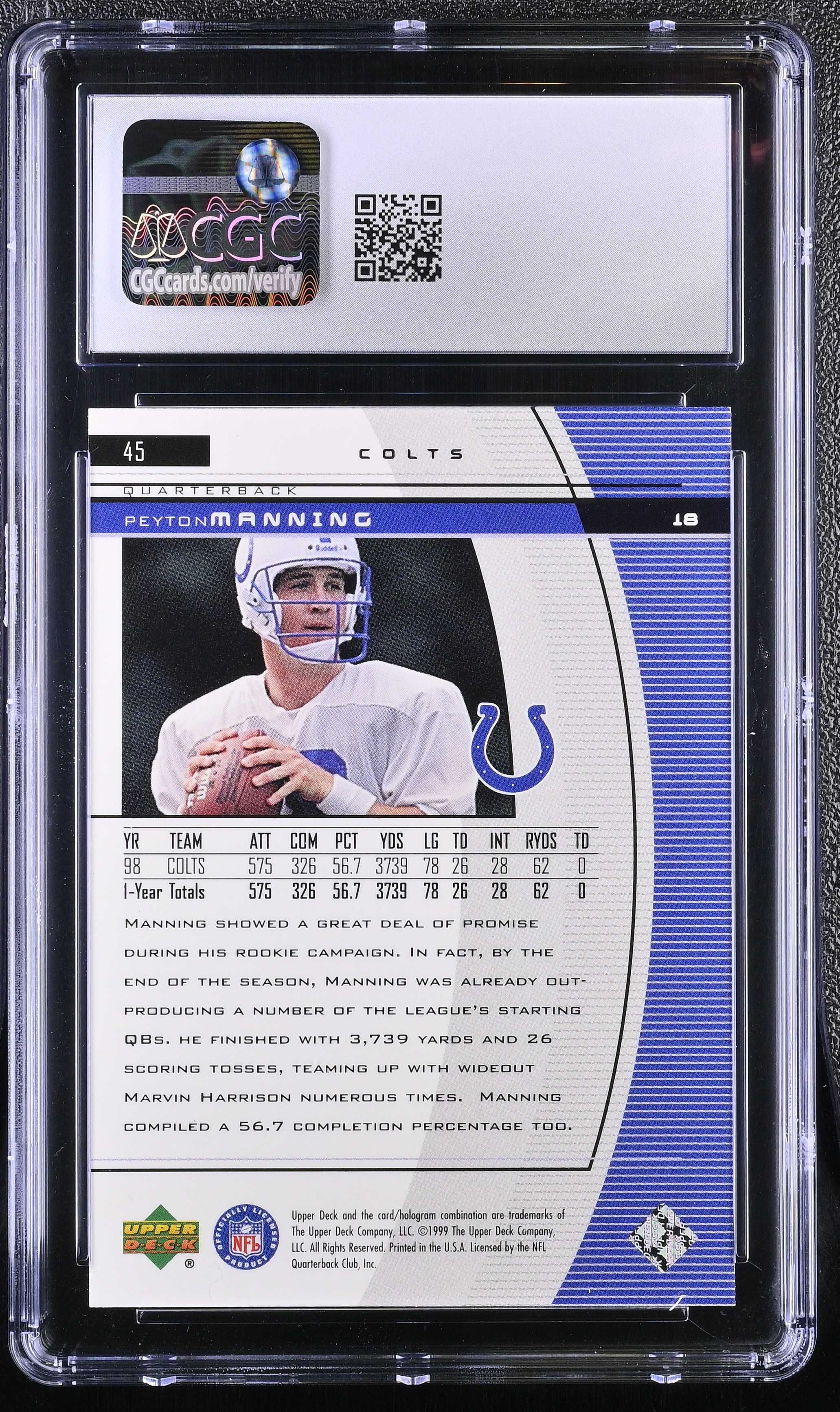 Peyton Manning 1999 Upper Deck Black Diamond #45 RC (CGC 9) at PristineAuction.com Peyton Manning 1999 Upper Deck Black Diamond #45 RC (CGC 9) at PristineAuction.com
