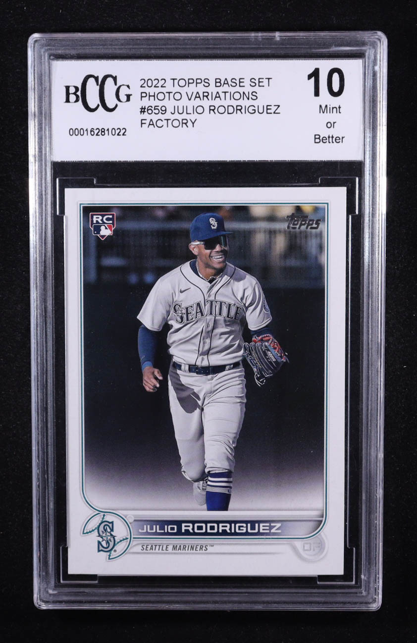 Julio Rodriguez 2022 Topps Base Set Photo Variations Factory #659 RC (BCCG 10) at PristineAuction.com Julio Rodriguez 2022 Topps Base Set Photo Variations Factory #659 RC (BCCG 10) at PristineAuction.com