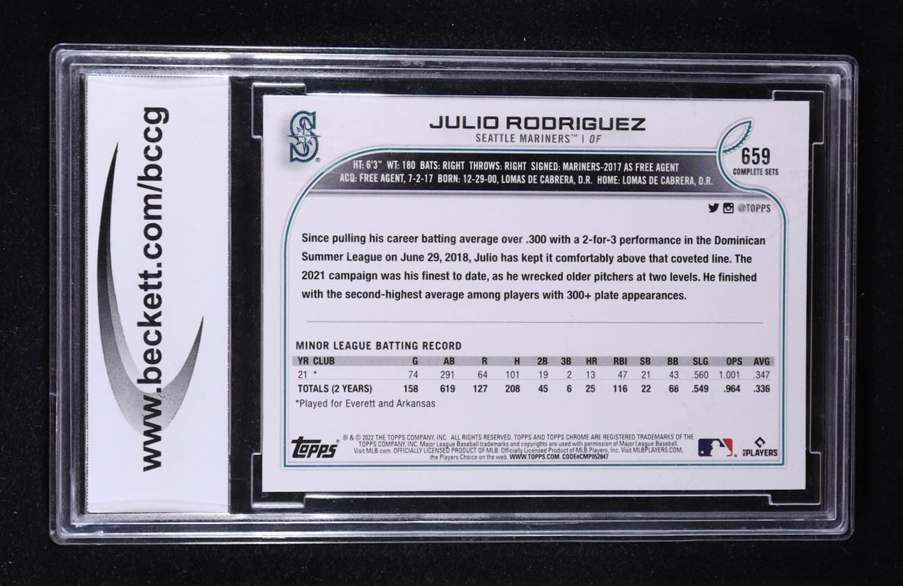 Julio Rodriguez 2022 Topps Base Set Photo Variations Factory #659 RC (BCCG 10) at PristineAuction.com Julio Rodriguez 2022 Topps Base Set Photo Variations Factory #659 RC (BCCG 10) at PristineAuction.com