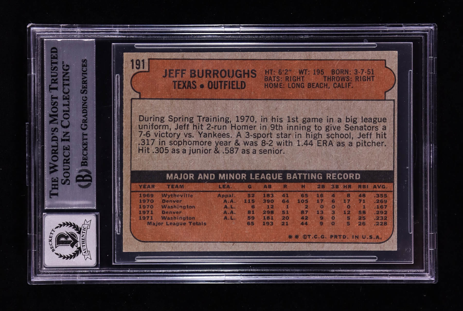 Jeff Burroughs Signed 1972 Topps #191 RC "'74 AL MVP" (BGS | Auto 10) at PristineAuction.com Jeff Burroughs Signed 1972 Topps #191 RC "'74 AL MVP" (BGS | Auto 10) at PristineAuction.com