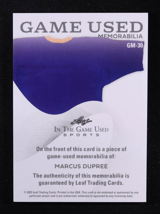 Marcus Dupree 2025 Leaf ITG Used Sports Game Used Memorabilia Blue Foil JSY #GM30 #29/45 at PristineAuction.com Marcus Dupree 2025 Leaf ITG Used Sports Game Used Memorabilia Blue Foil JSY #GM30 #29/45 at PristineAuction.com