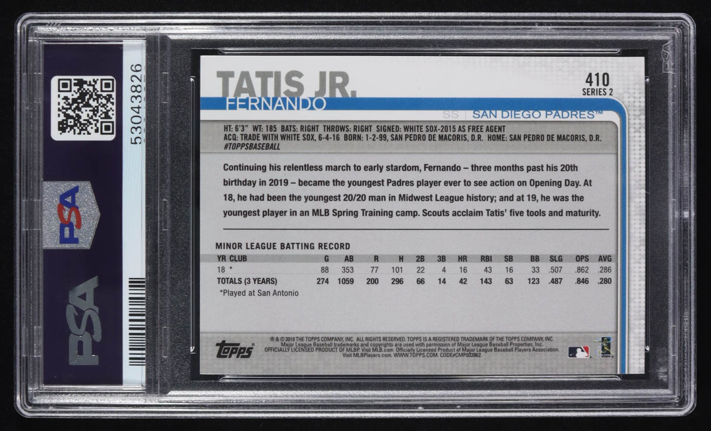 Fernando Tatis Jr. 2019 Topps #410 RC (PSA 9) at PristineAuction.com Fernando Tatis Jr. 2019 Topps #410 RC (PSA 9) at PristineAuction.com