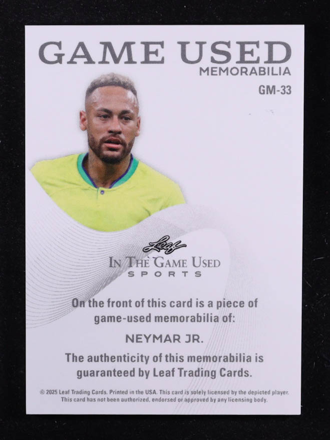 Neymar Junior 2025 Leaf ITG Used Sports Game Used Memorabilia Blue Foil JSY #GM33 #1/65 at PristineAuction.com Neymar Junior 2025 Leaf ITG Used Sports Game Used Memorabilia Blue Foil JSY #GM33 #1/65 at PristineAuction.com