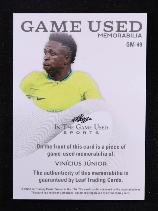 Vinicius Junior 2025 Leaf ITG Used Sports Game Used Memorabilia Blue Foil JSY #GM49 #16/65 at PristineAuction.com Vinicius Junior 2025 Leaf ITG Used Sports Game Used Memorabilia Blue Foil JSY #GM49 #16/65 at PristineAuction.com