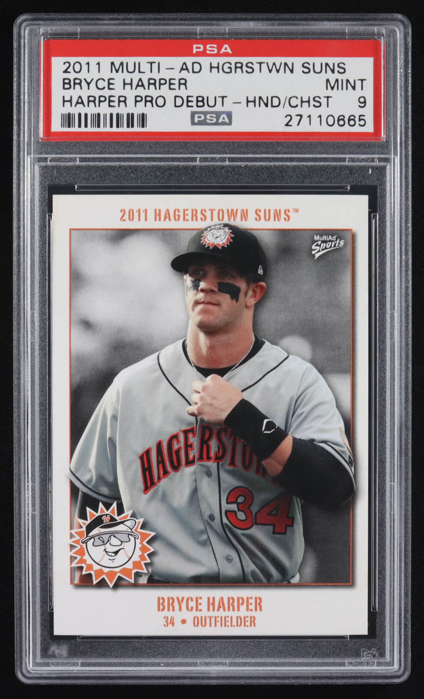 Bryce Harper 2011 Multi-Ad Hagerstown Suns Harper Pro Debut Hand at Chest RC (PSA 9) at PristineAuction.com Bryce Harper 2011 Multi-Ad Hagerstown Suns Harper Pro Debut Hand at Chest RC (PSA 9) at PristineAuction.com