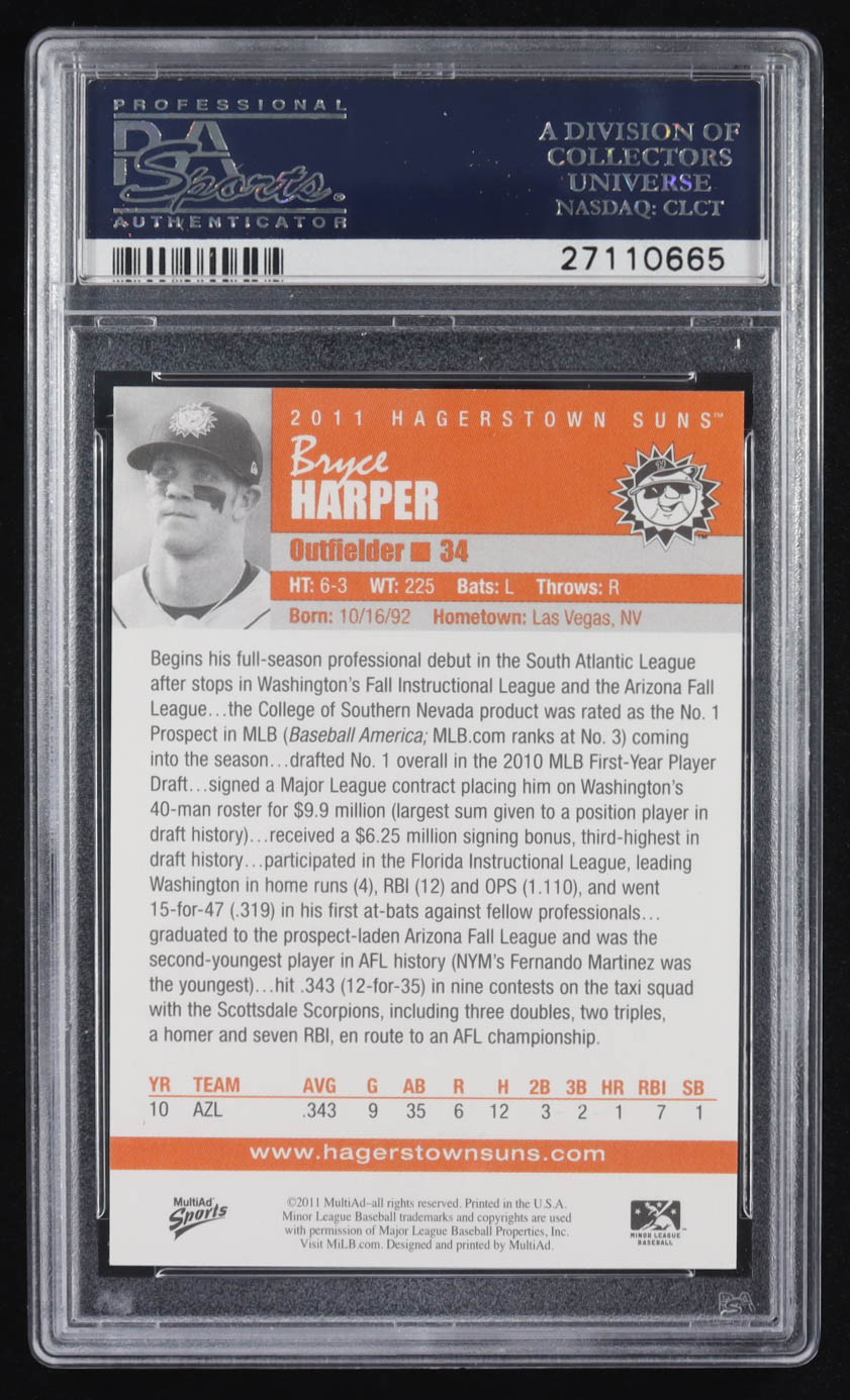 Bryce Harper 2011 Multi-Ad Hagerstown Suns Harper Pro Debut Hand at Chest RC (PSA 9) at PristineAuction.com Bryce Harper 2011 Multi-Ad Hagerstown Suns Harper Pro Debut Hand at Chest RC (PSA 9) at PristineAuction.com