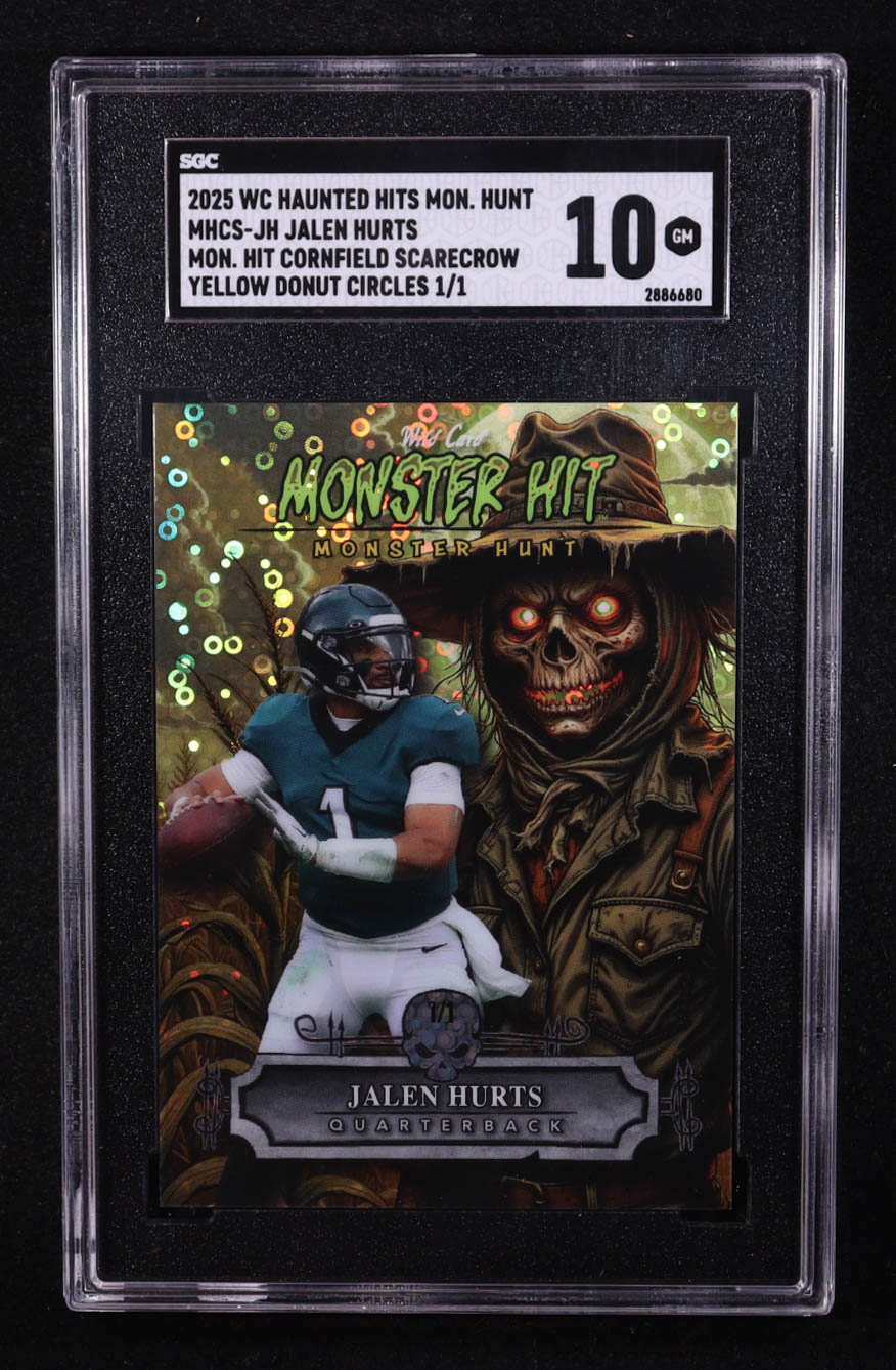 Jalen Hurts 2025 Wild Card Haunted Hits Monster Hunt Cornfield Scarecrow Yellow Donut Circles #JH #1/1 (SGC 10) at PristineAuction.com Jalen Hurts 2025 Wild Card Haunted Hits Monster Hunt Cornfield Scarecrow Yellow Donut Circles #JH #1/1 (SGC 10) at PristineAuction.com