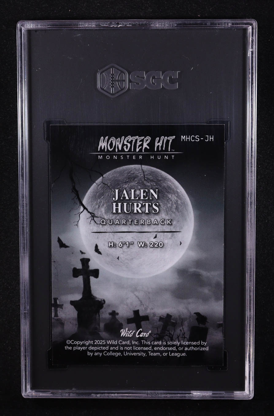 Jalen Hurts 2025 Wild Card Haunted Hits Monster Hunt Cornfield Scarecrow Yellow Donut Circles #JH #1/1 (SGC 10) at PristineAuction.com Jalen Hurts 2025 Wild Card Haunted Hits Monster Hunt Cornfield Scarecrow Yellow Donut Circles #JH #1/1 (SGC 10) at PristineAuction.com