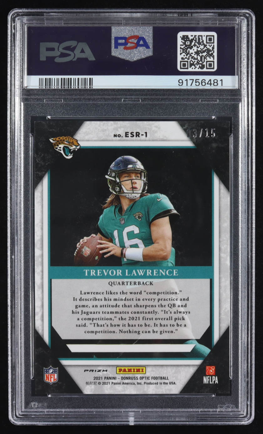 Trevor Lawrence 2021 Donruss Optic The Elite Series Rookies Blue Ice #1 #03/15 RC (PSA 9) at PristineAuction.com Trevor Lawrence 2021 Donruss Optic The Elite Series Rookies Blue Ice #1 #03/15 RC (PSA 9) at PristineAuction.com