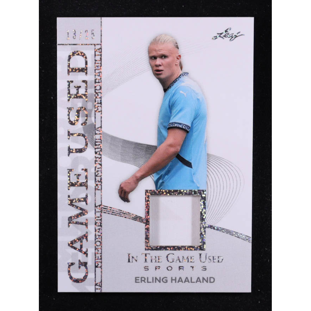 Erling Haaland 2025 Leaf ITG Used Sports Game Used Memorabilia Silver Sparkle Foil JSY #GM17 #13/25 at PristineAuction.com