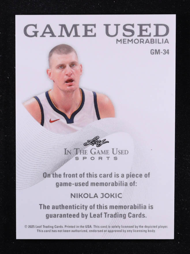 Nikola Jokic 2025 Leaf ITG Used Sports Game Used Memorabilia Blue Foil JSY #GM34 #54/65 at PristineAuction.com Nikola Jokic 2025 Leaf ITG Used Sports Game Used Memorabilia Blue Foil JSY #GM34 #54/65 at PristineAuction.com