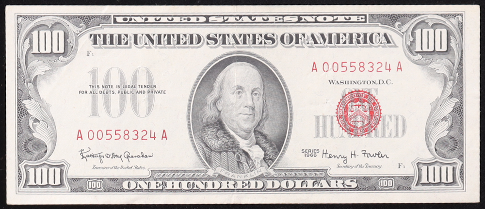 1966 U.S. $100 Legal Tender Note, Red Seal - Fr. 1550 (AA Block) Signed: Granahan / Fowler at PristineAuction.com 1966 U.S. $100 Legal Tender Note, Red Seal - Fr. 1550 (AA Block) Signed: Granahan / Fowler at PristineAuction.com