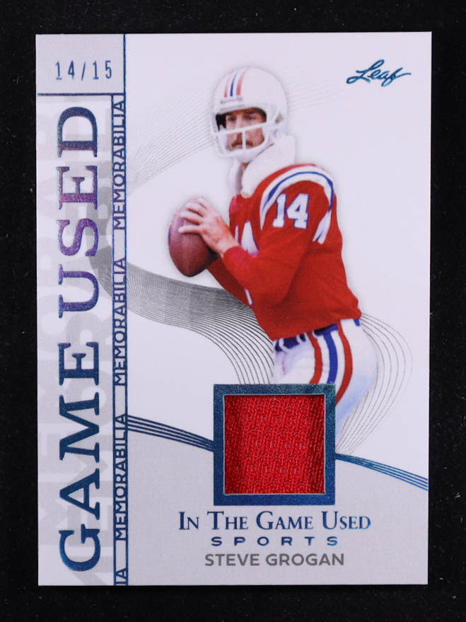 Steve Grogan 2025 Leaf ITG Used Sports Game Used Memorabilia Turquoise Foil JSY #GM43 #14/15 at PristineAuction.com Steve Grogan 2025 Leaf ITG Used Sports Game Used Memorabilia Turquoise Foil JSY #GM43 #14/15 at PristineAuction.com