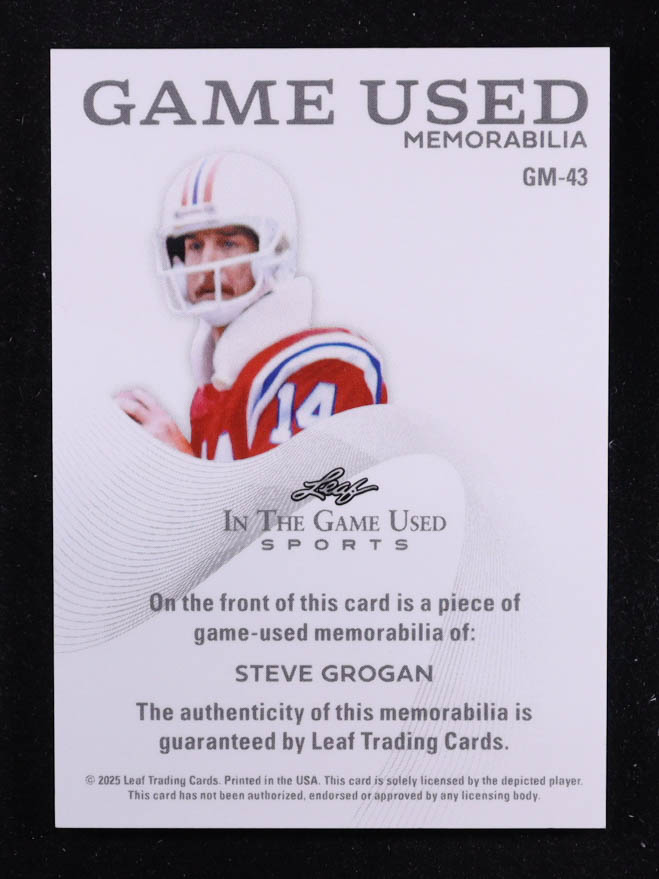 Steve Grogan 2025 Leaf ITG Used Sports Game Used Memorabilia Turquoise Foil JSY #GM43 #14/15 at PristineAuction.com Steve Grogan 2025 Leaf ITG Used Sports Game Used Memorabilia Turquoise Foil JSY #GM43 #14/15 at PristineAuction.com