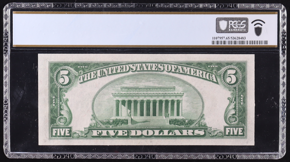 1934-A U.S. $5 Federal Reserve Note, Boston - Fr. 1957-A (AA Block) Signed: Julian / Morgenthau (PCGS Gem Unc 65 PPQ) at PristineAuction.com 1934-A U.S. $5 Federal Reserve Note, Boston - Fr. 1957-A (AA Block) Signed: Julian / Morgenthau (PCGS Gem Unc 65 PPQ) at PristineAuction.com