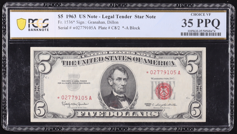 1963 U.S. $5 Legal Tender "Star" Note, Red Seal - Fr. 1536* (*A Block) Signed: Granahan / Dillon (PCGS Choice Very Fine 35 PPQ) at PristineAuction.com 1963 U.S. $5 Legal Tender "Star" Note, Red Seal - Fr. 1536* (*A Block) Signed: Granahan / Dillon (PCGS Choice Very Fine 35 PPQ) at PristineAuction.com