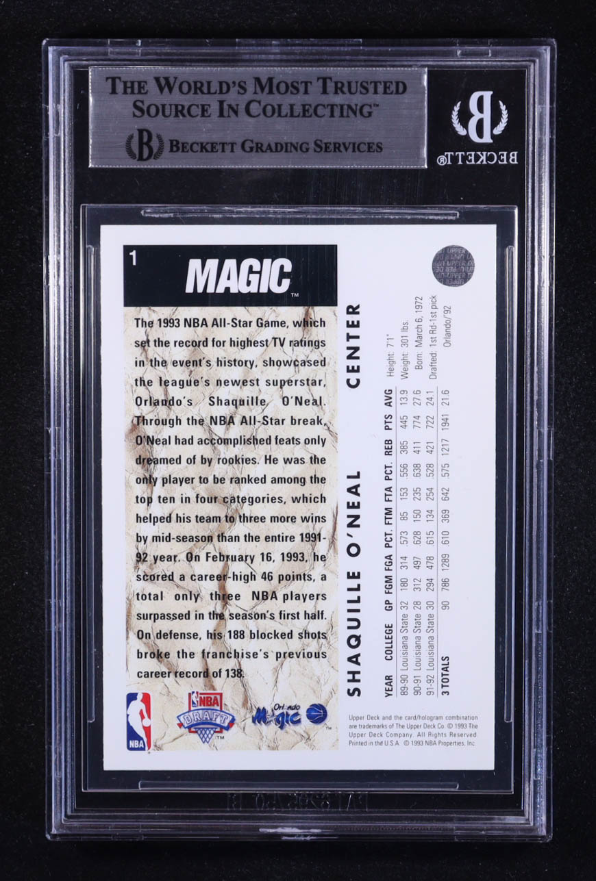 Shaquille O'Neal Signed 1992-93 Upper Deck SP #1 RC (BGS) at PristineAuction.com Shaquille O'Neal Signed 1992-93 Upper Deck SP #1 RC (BGS) at PristineAuction.com