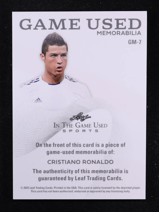 Cristiano Ronaldo 2025 Leaf ITG Used Sports Game Used Memorabilia Purple Foil JSY #GM7 #3/8 at PristineAuction.com Cristiano Ronaldo 2025 Leaf ITG Used Sports Game Used Memorabilia Purple Foil JSY #GM7 #3/8 at PristineAuction.com
