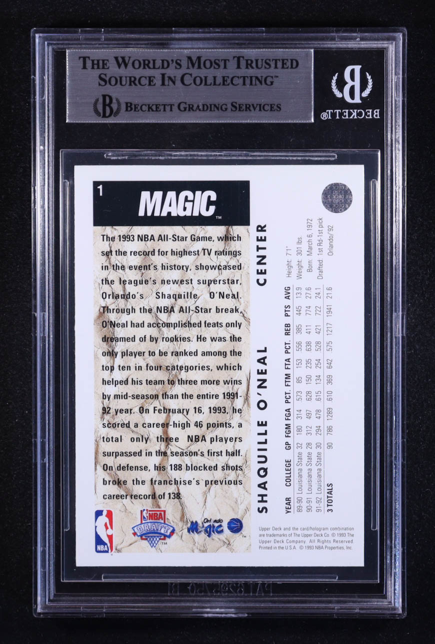 Shaquille O'Neal Signed 1992-93 Upper Deck SP #1 RC (BGS) at PristineAuction.com Shaquille O'Neal Signed 1992-93 Upper Deck SP #1 RC (BGS) at PristineAuction.com