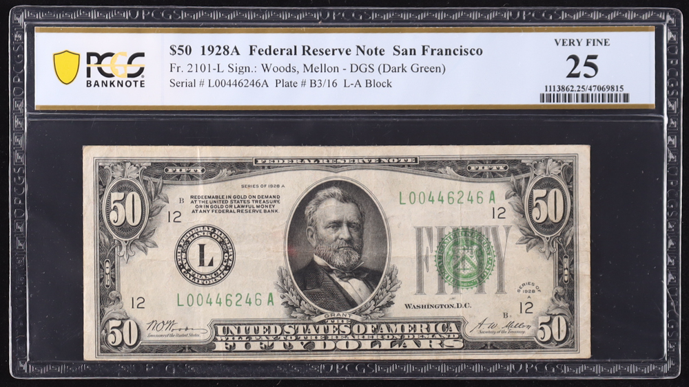 1928-A U.S. $50 FRN, San Francisco - Fr. 2101-L (LA Block) Signed: Woods / Mellon - Redeemable in Gold on Demand (PCGS Very Fine 25) at PristineAuction.com 1928-A U.S. $50 FRN, San Francisco - Fr. 2101-L (LA Block) Signed: Woods / Mellon - Redeemable in Gold on Demand (PCGS Very Fine 25) at PristineAuction.com