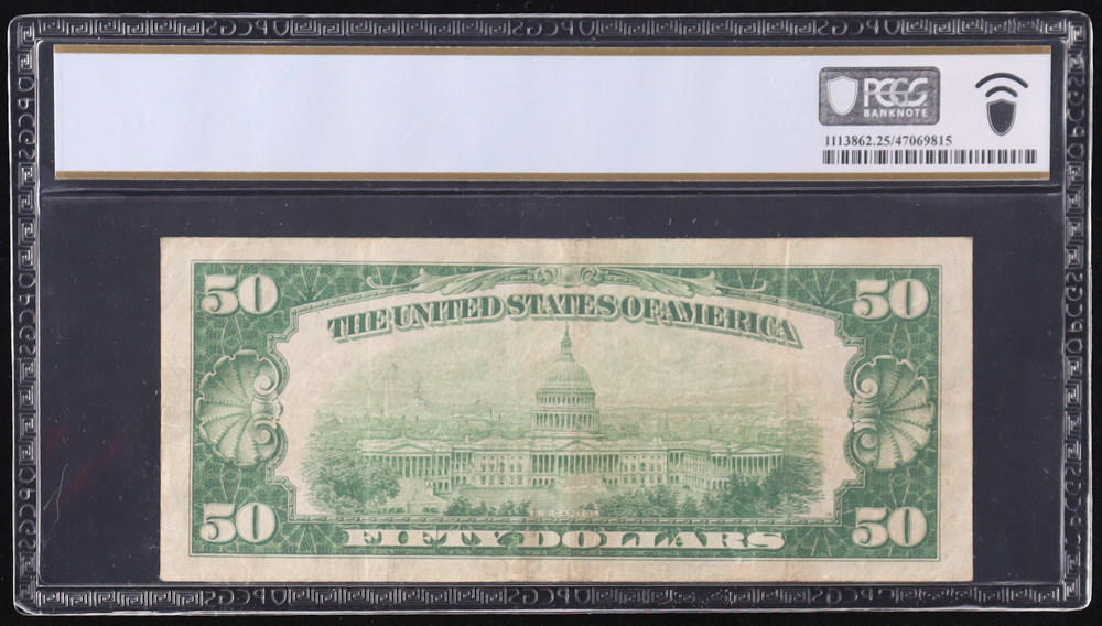 1928-A U.S. $50 FRN, San Francisco - Fr. 2101-L (LA Block) Signed: Woods / Mellon - Redeemable in Gold on Demand (PCGS Very Fine 25) at PristineAuction.com 1928-A U.S. $50 FRN, San Francisco - Fr. 2101-L (LA Block) Signed: Woods / Mellon - Redeemable in Gold on Demand (PCGS Very Fine 25) at PristineAuction.com
