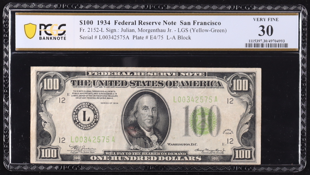 1934 U.S. $100 Federal Reserve Note, San Francisco - Fr. 2152-L (LA Block) Signed: Julian / Morgenthau (PCGS Very Fine 30) at PristineAuction.com 1934 U.S. $100 Federal Reserve Note, San Francisco - Fr. 2152-L (LA Block) Signed: Julian / Morgenthau (PCGS Very Fine 30) at PristineAuction.com