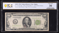 1934 U.S. $100 Federal Reserve Note, Dallas - Fr. 2152-K (KA Block) Signed: Julian / Morgenthau (PCGS Very Fine 30) at PristineAuction.com