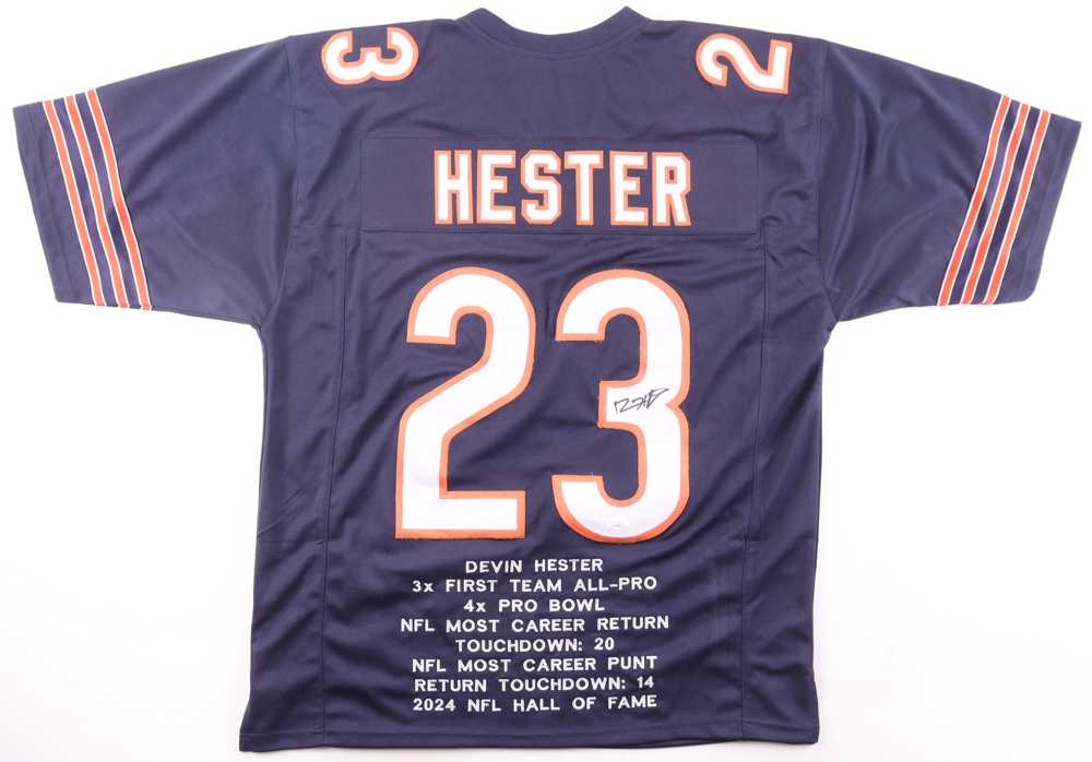 Devin Hester Signed Career Highlight Stat Jersey (JSA) at PristineAuction.com Devin Hester Signed Career Highlight Stat Jersey (JSA) at PristineAuction.com