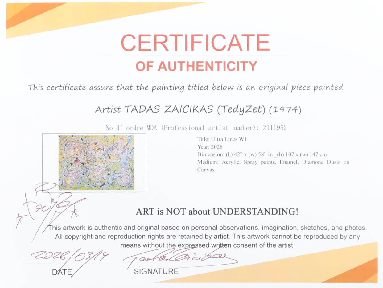 "Ultra Lines W1" 2026 42x58 Original Painting on Canvas by Tadas Zaicikas | TedyZet (Zaicikas) at PristineAuction.com "Ultra Lines W1" 2026 42x58 Original Painting on Canvas by Tadas Zaicikas | TedyZet (Zaicikas) at PristineAuction.com