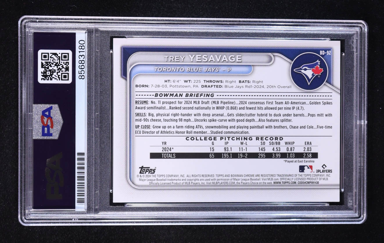 Trey Yesavage Signed 2024 Bowman Draft #BD-92 RC (PSA) at PristineAuction.com Trey Yesavage Signed 2024 Bowman Draft #BD-92 RC (PSA) at PristineAuction.com
