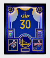 Stephen Curry Signed Warriors Custom Framed Nike Jersey with LED Display & (2) PSA 10 Graded Cards (JSA) at PristineAuction.com
