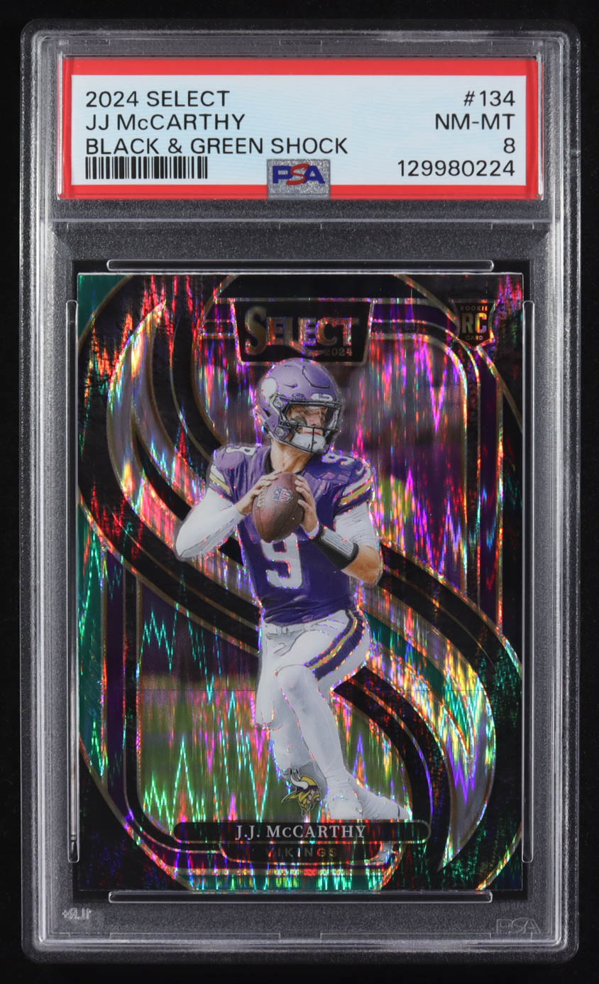 JJ McCarthy 2024 Select Prizm Black and Green Shock #134 RC (PSA 8) at PristineAuction.com JJ McCarthy 2024 Select Prizm Black and Green Shock #134 RC (PSA 8) at PristineAuction.com