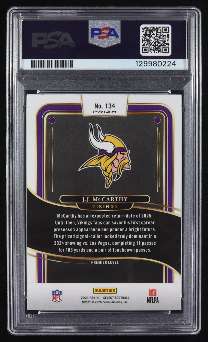 JJ McCarthy 2024 Select Prizm Black and Green Shock #134 RC (PSA 8) at PristineAuction.com JJ McCarthy 2024 Select Prizm Black and Green Shock #134 RC (PSA 8) at PristineAuction.com